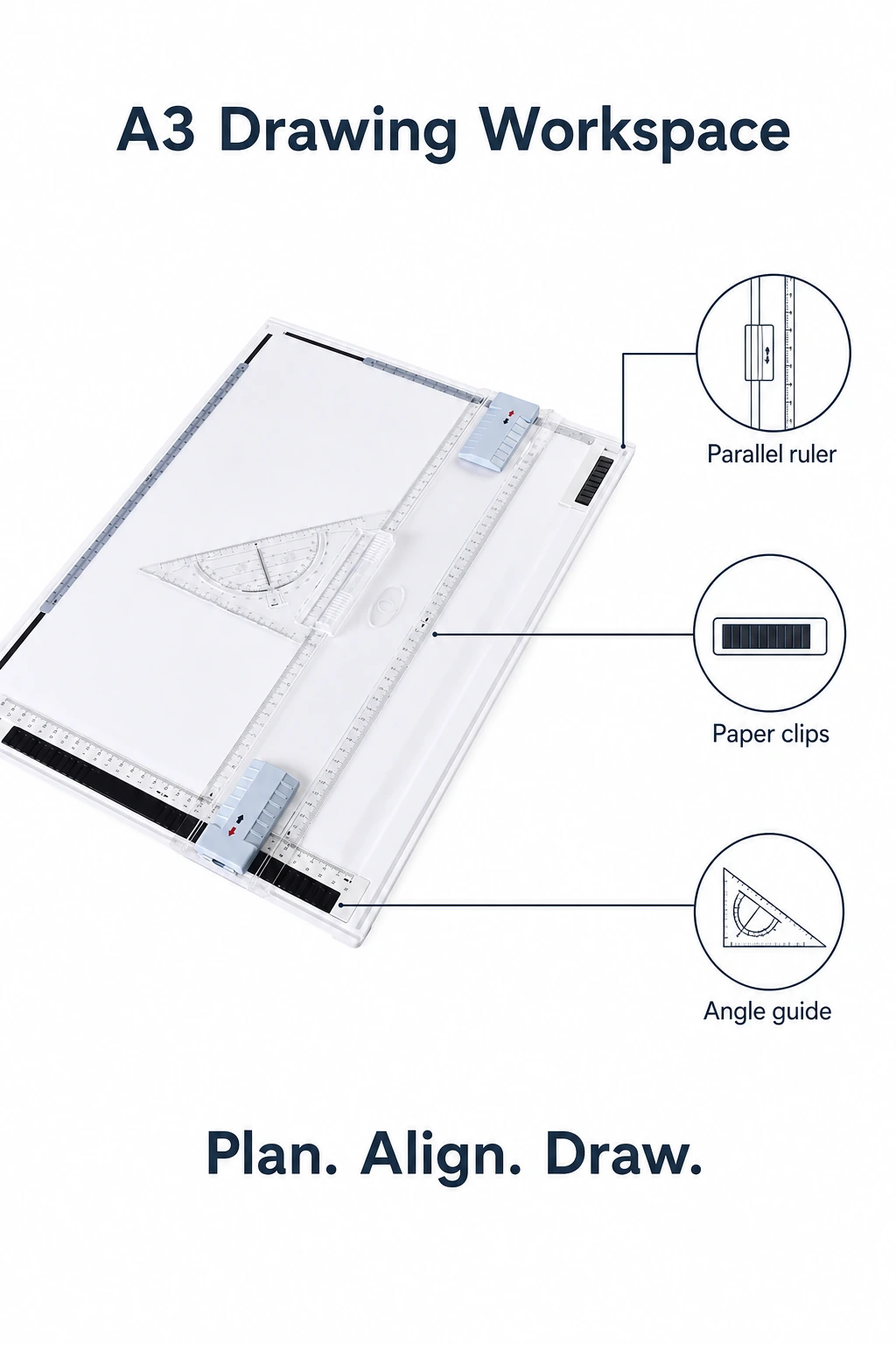 A3 drawing board infographic identifying the parallel ruler, paper clips and angle guide