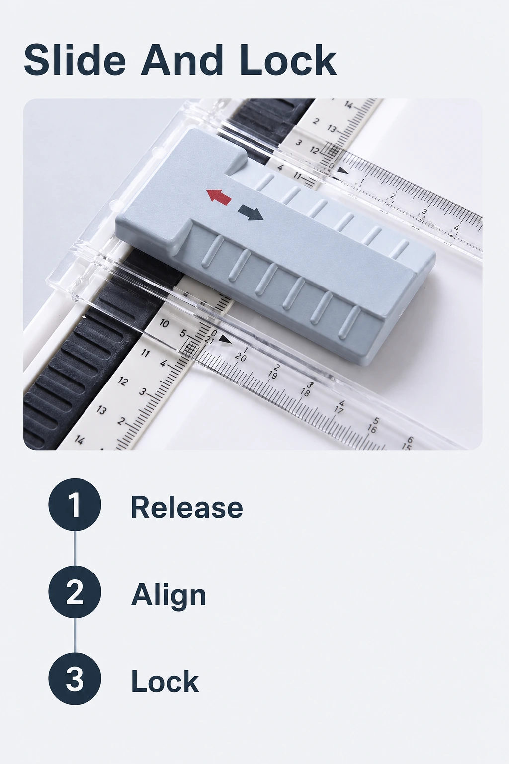 Sliding ruler lock with release, align and lock instructions