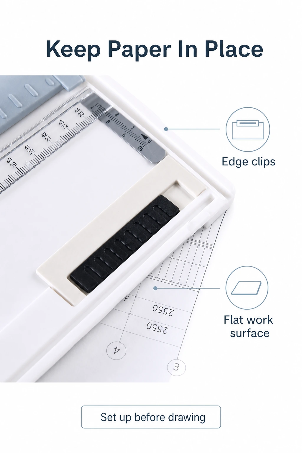 Paper edge clip and flat drawing surface details