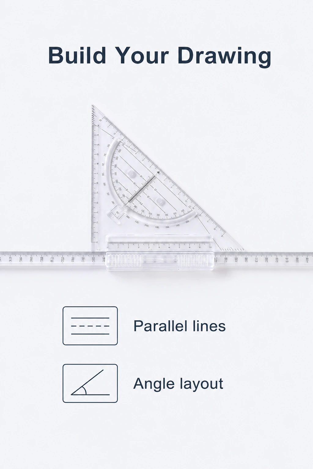 Transparent triangle and parallel ruler for angle layout