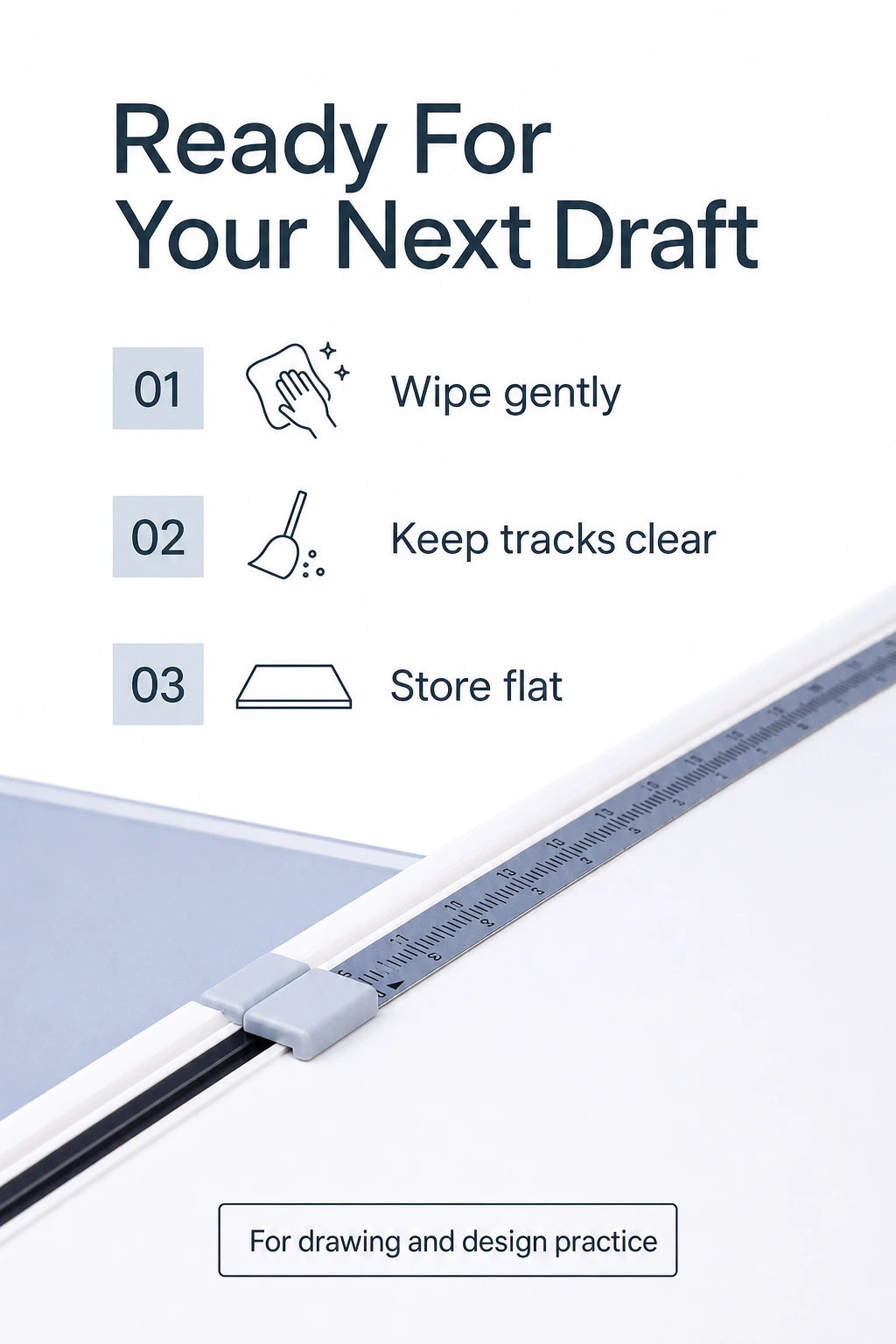 Drawing board guide rail with simple cleaning and storage advice