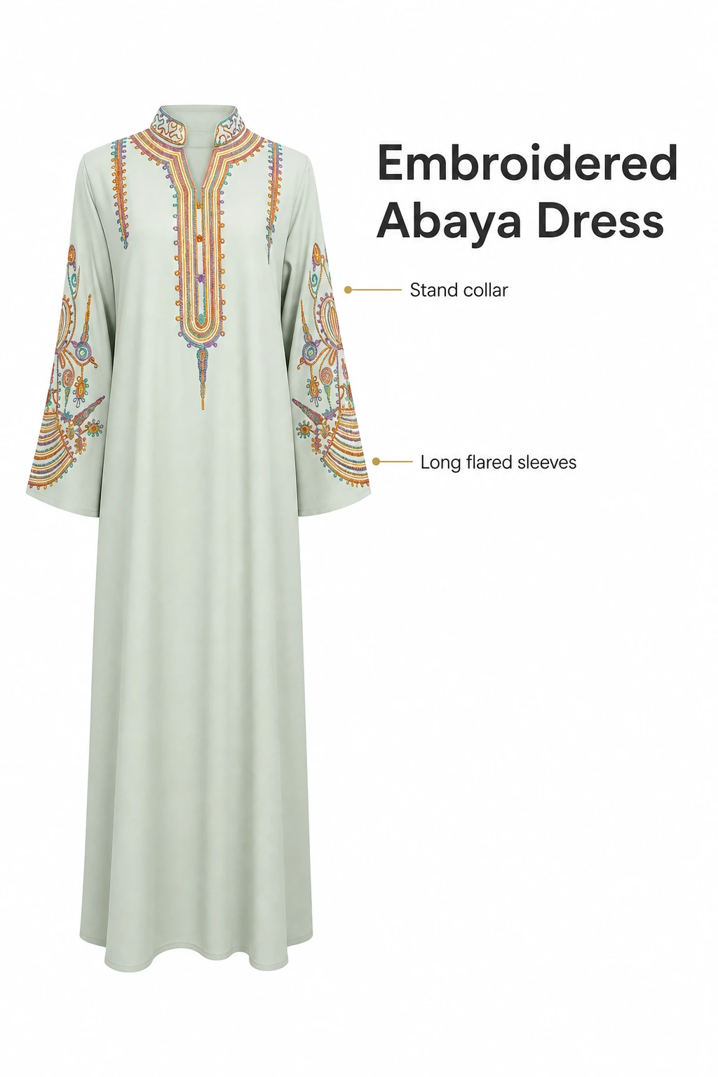 Full abaya beside stand-collar and long-sleeve feature labels