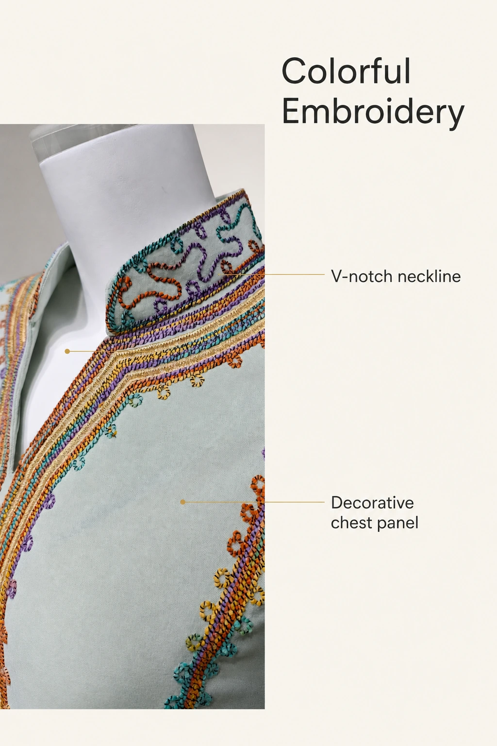 Neckline embroidery close-up with labels for the V notch and chest panel