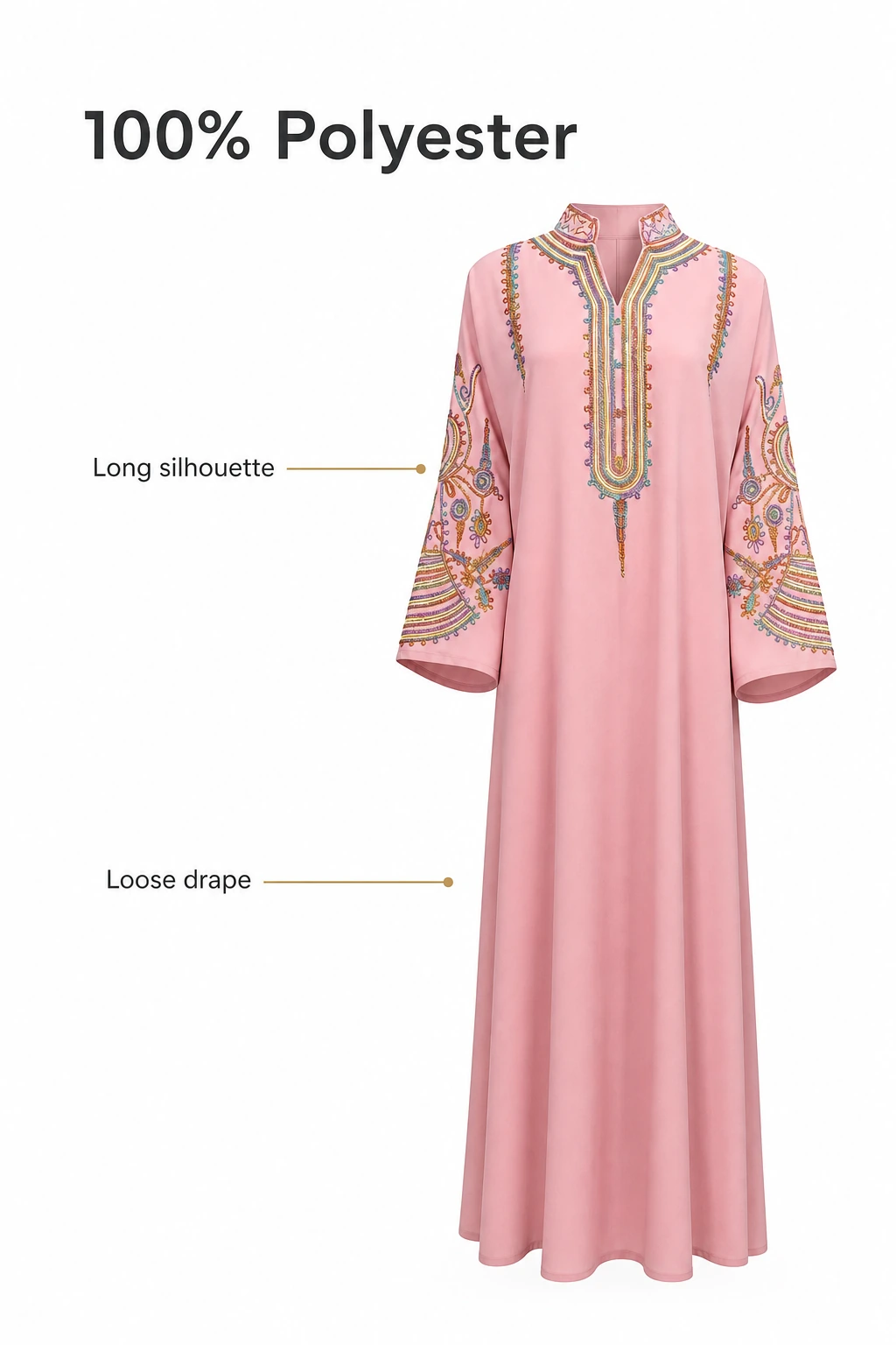 Pink long dress beside its 100% polyester material description