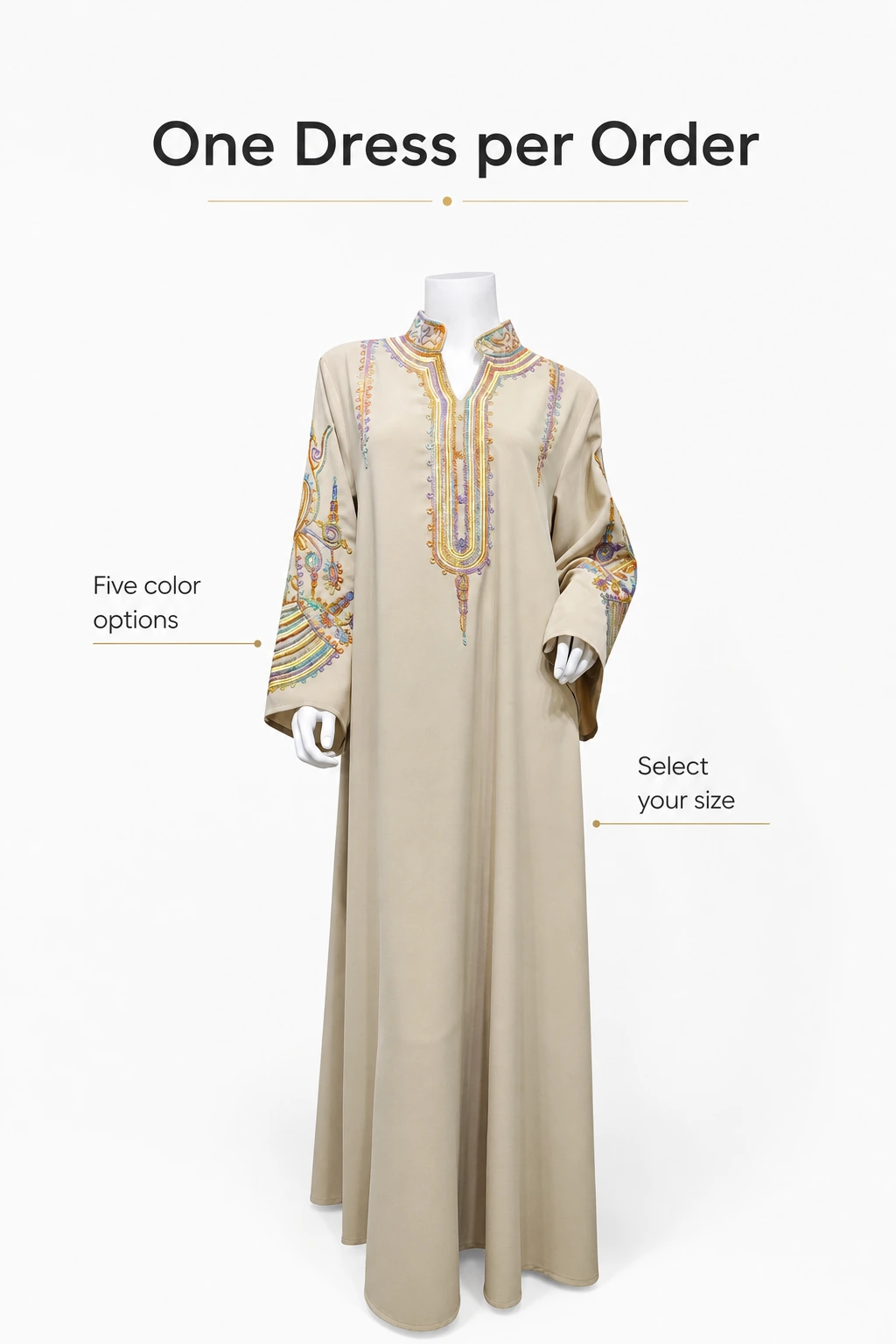 One Beige abaya with one-dress order contents and option labels