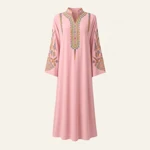 Pink embroidered abaya shown from the front on a light neutral background
