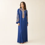 Adult woman wearing the Dark Blue embroidered long dress