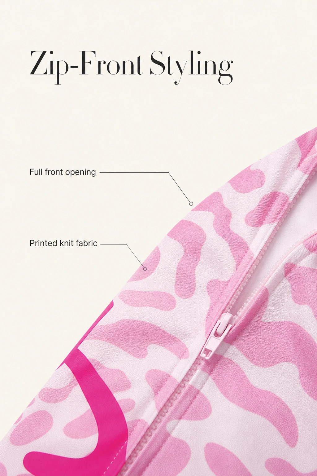 Full front zipper in the pink printed knit top