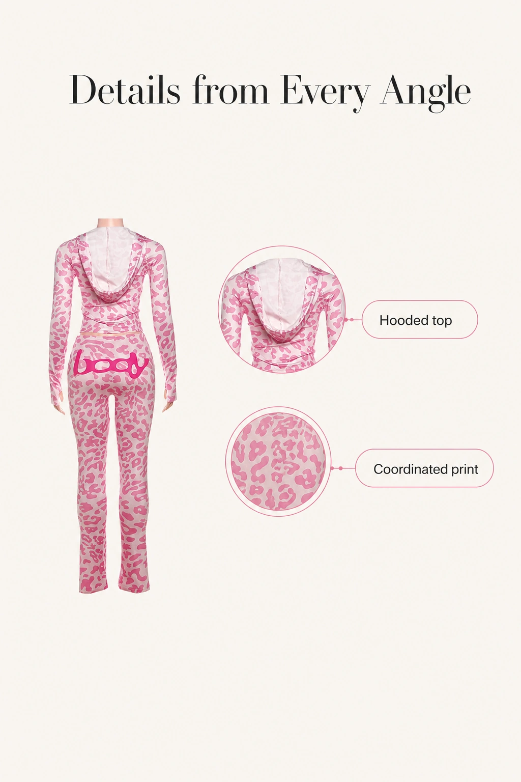 Pink set back view with hood and matching print detail