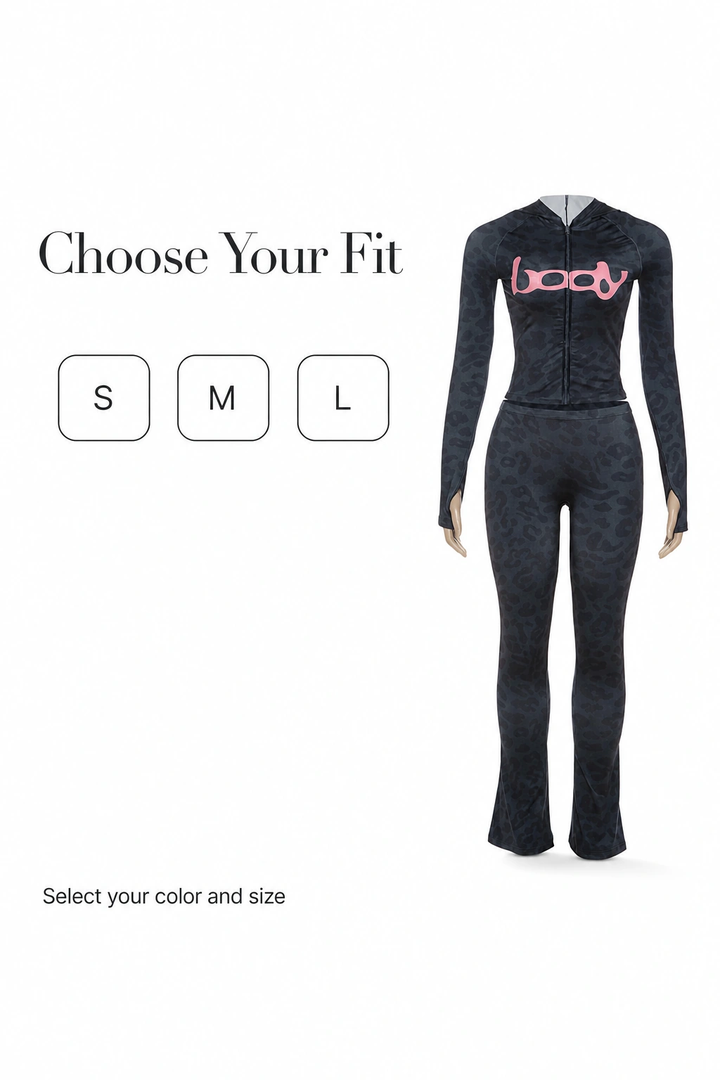 Dark gray two-piece outfit with size options S, M and L