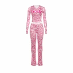 Pink spotted zip hoodie and flared pants shown together