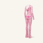 Rear view of pink set showing hood and back lettering