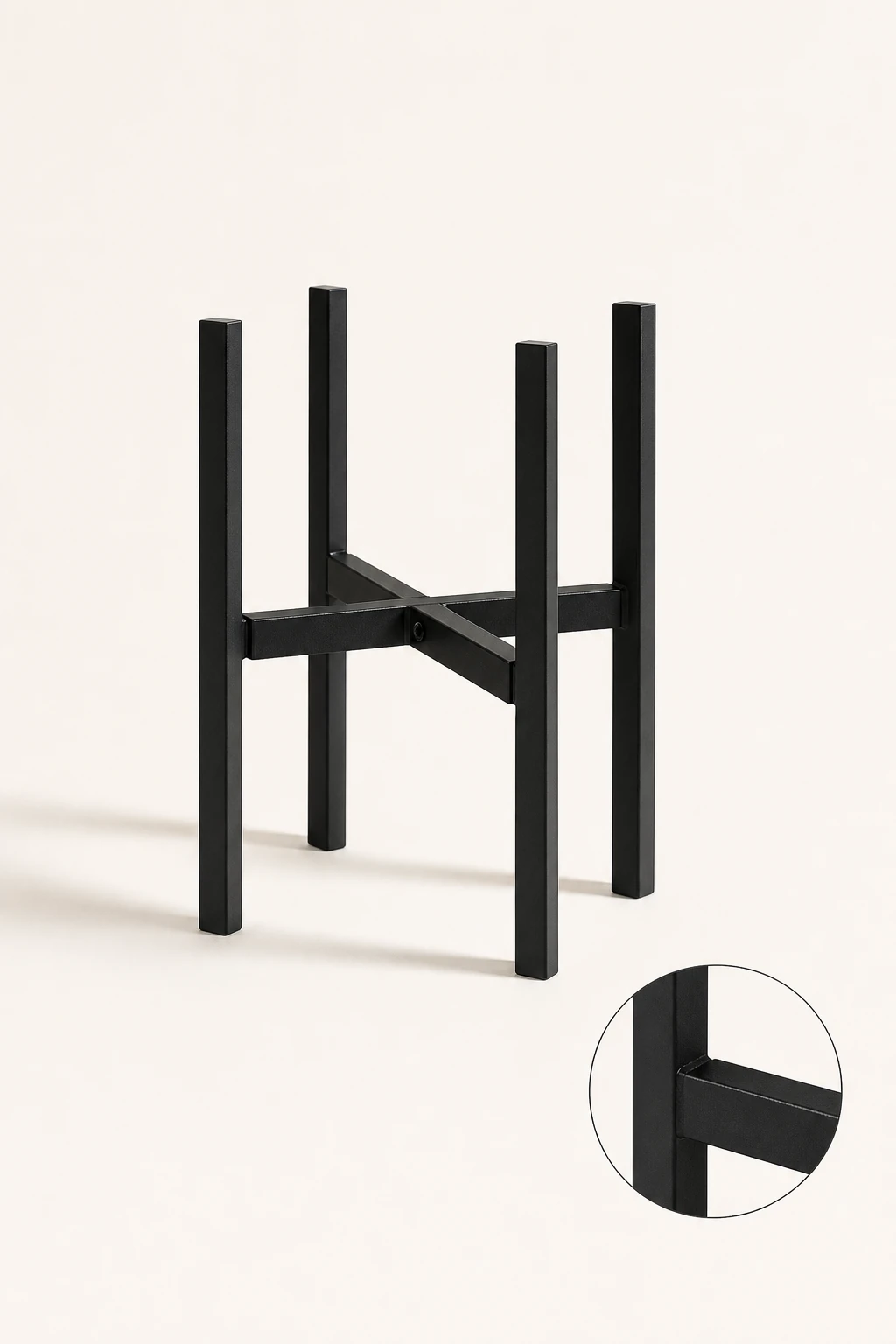 Close view of a black stand upright and inward support arm