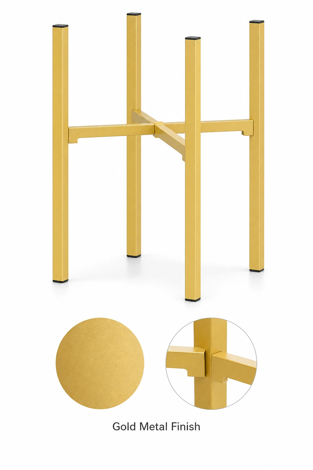 One gold stand with an inset of its metal finish and support joint