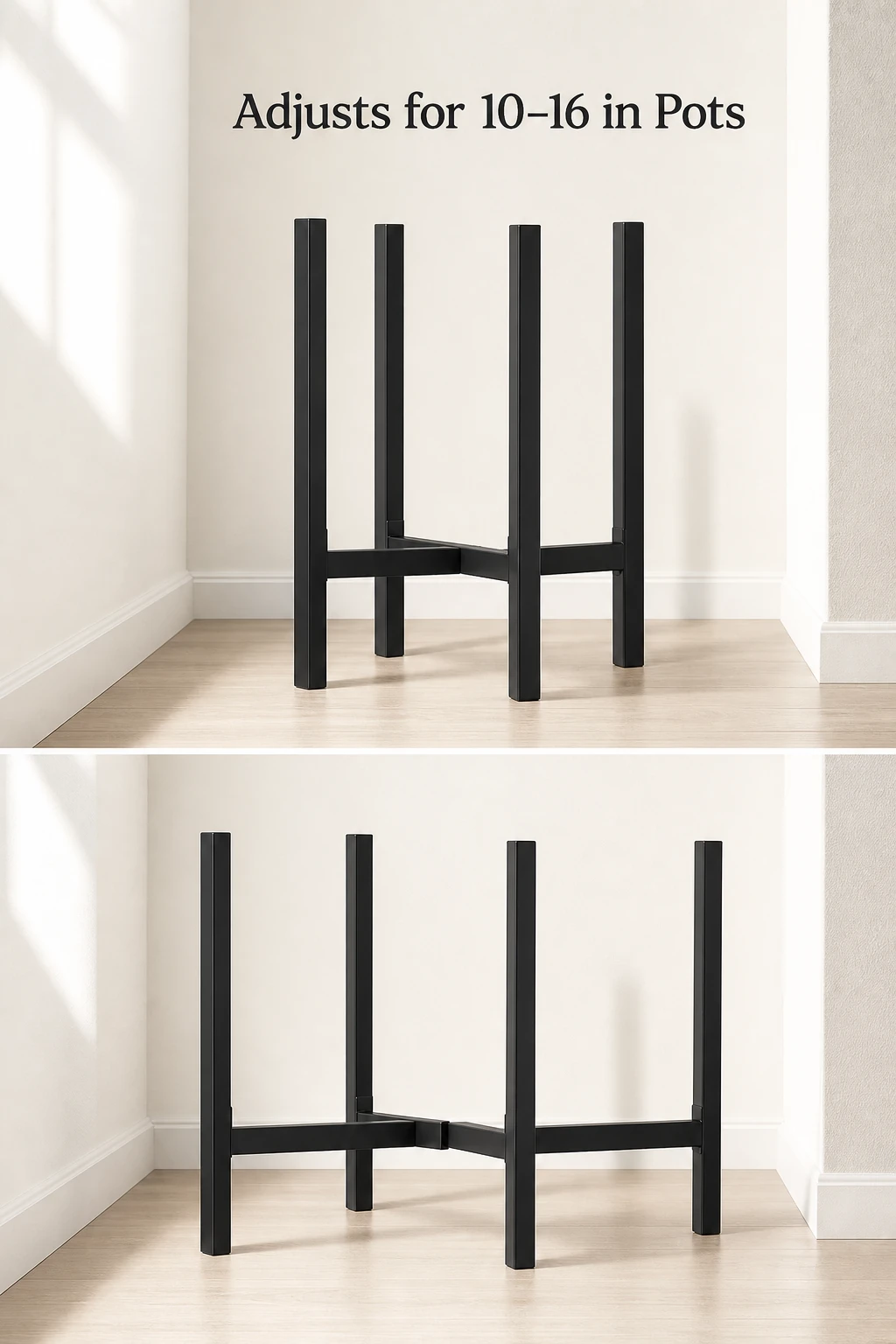 Black stand shown in narrow and wide adjusted settings