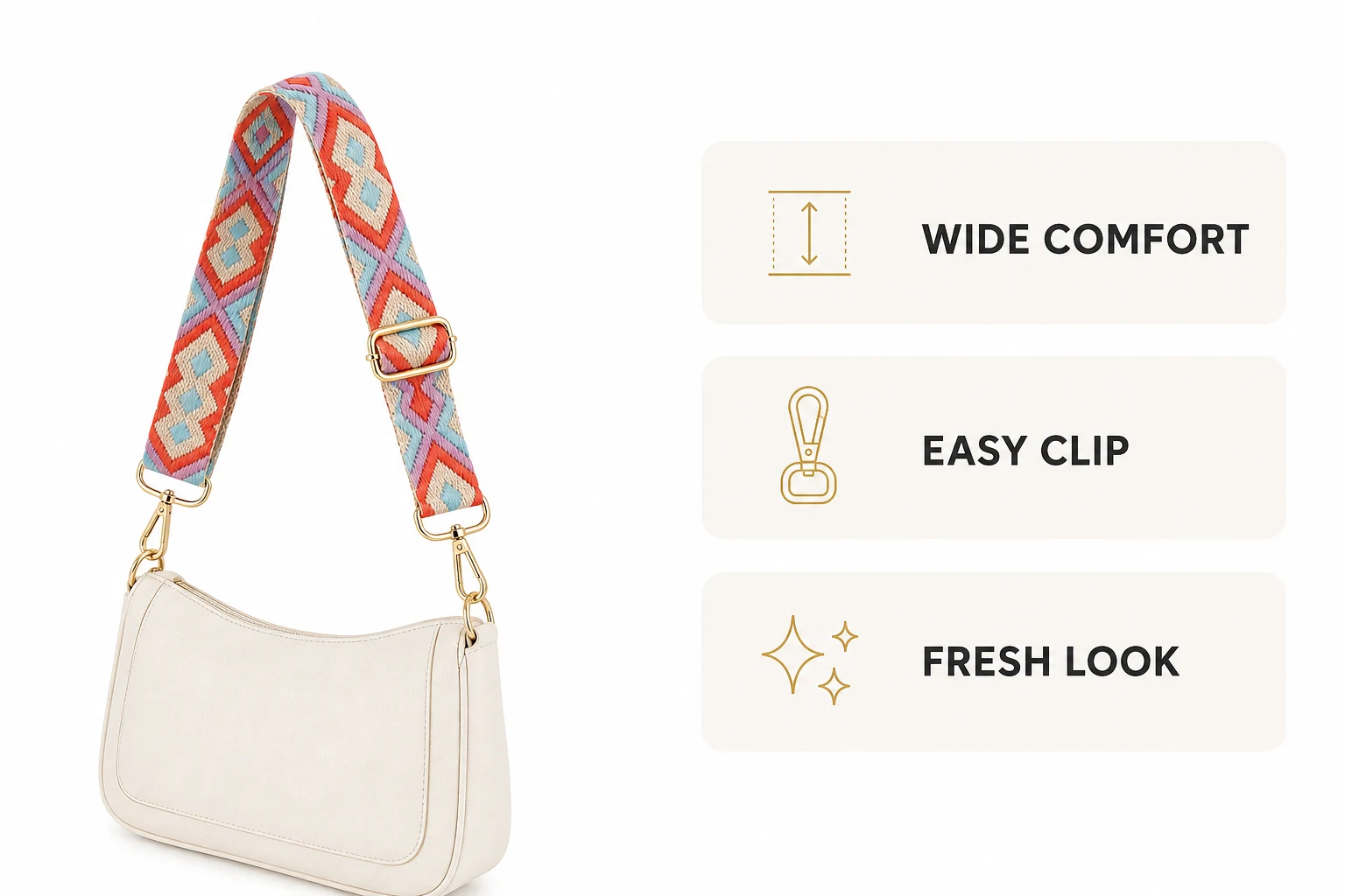 Wide replacement bag strap shown on a handbag with feature labels