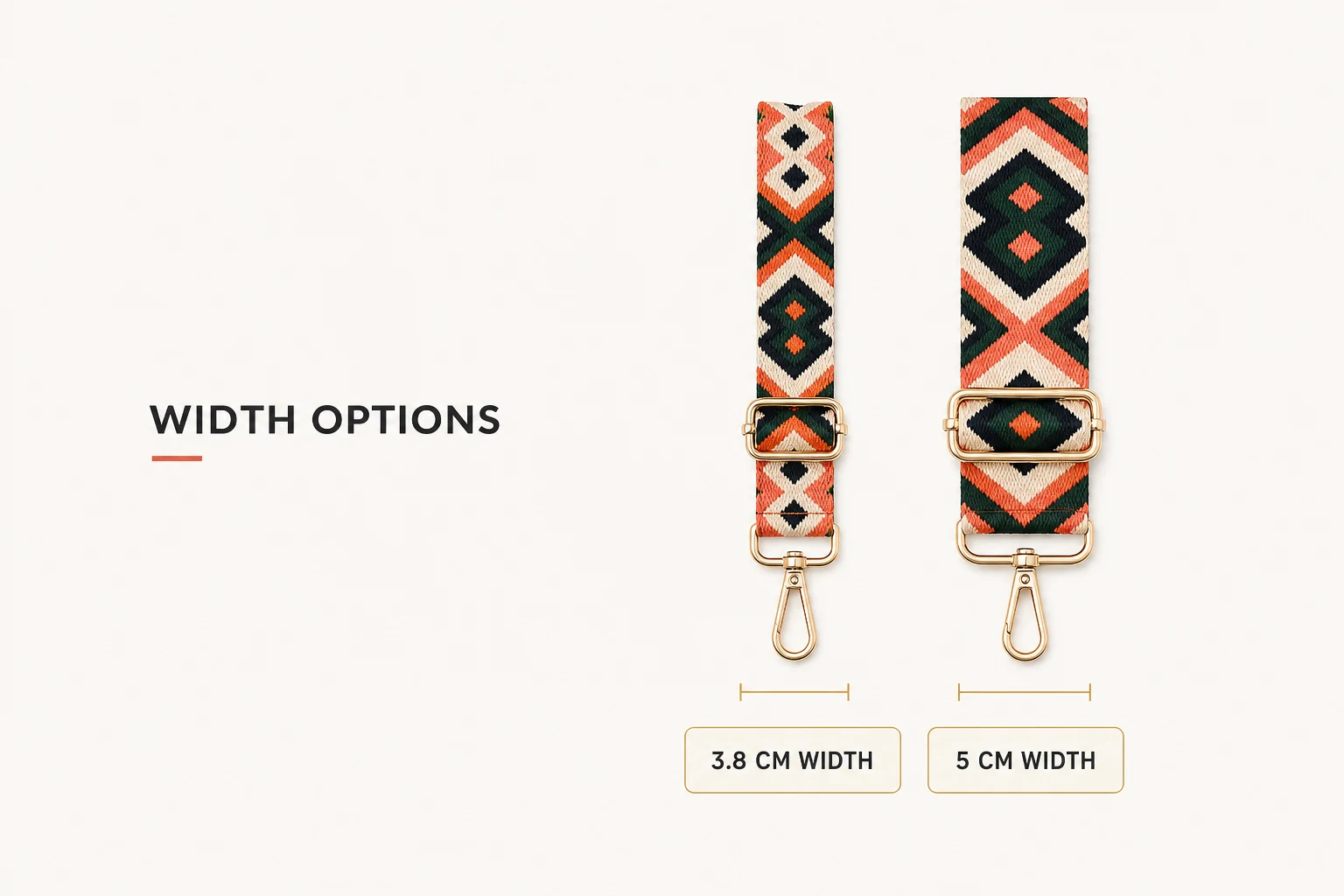 Bag strap width comparison illustration for the 3.8 cm and 5 cm range
