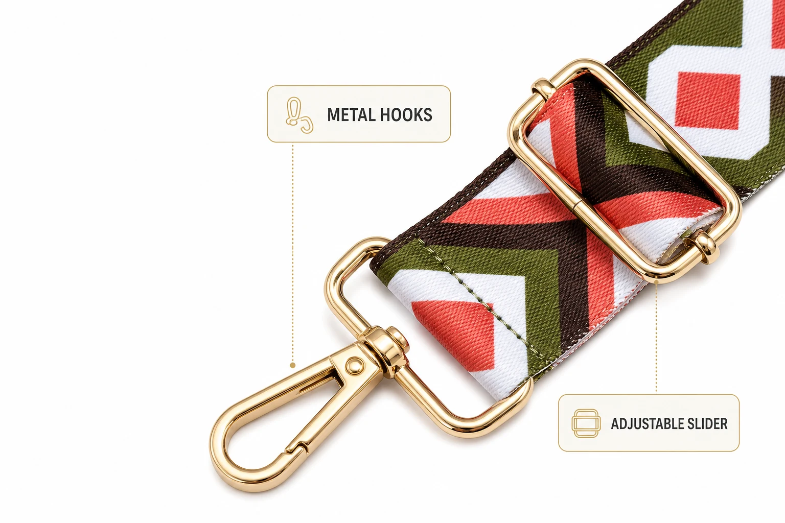 Metal bag strap hooks and sliding adjuster close-up