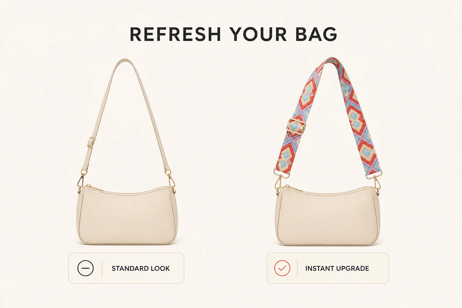 Handbag styling comparison using a patterned replacement strap