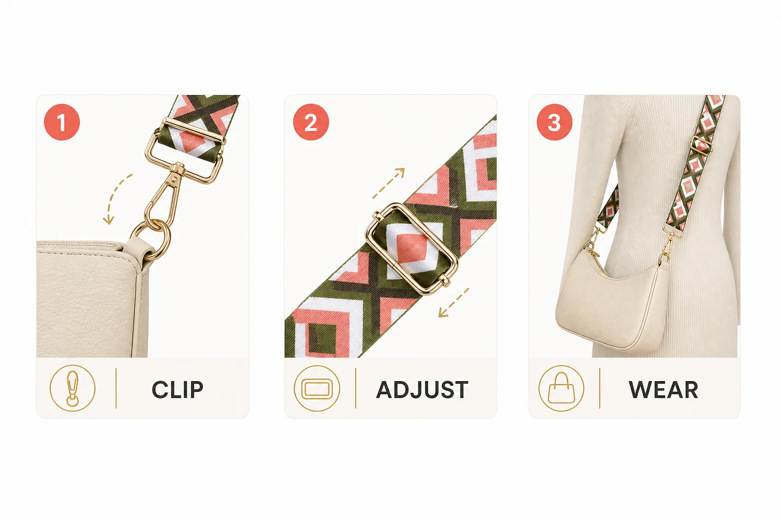 Three steps showing how to clip, adjust and wear the bag strap