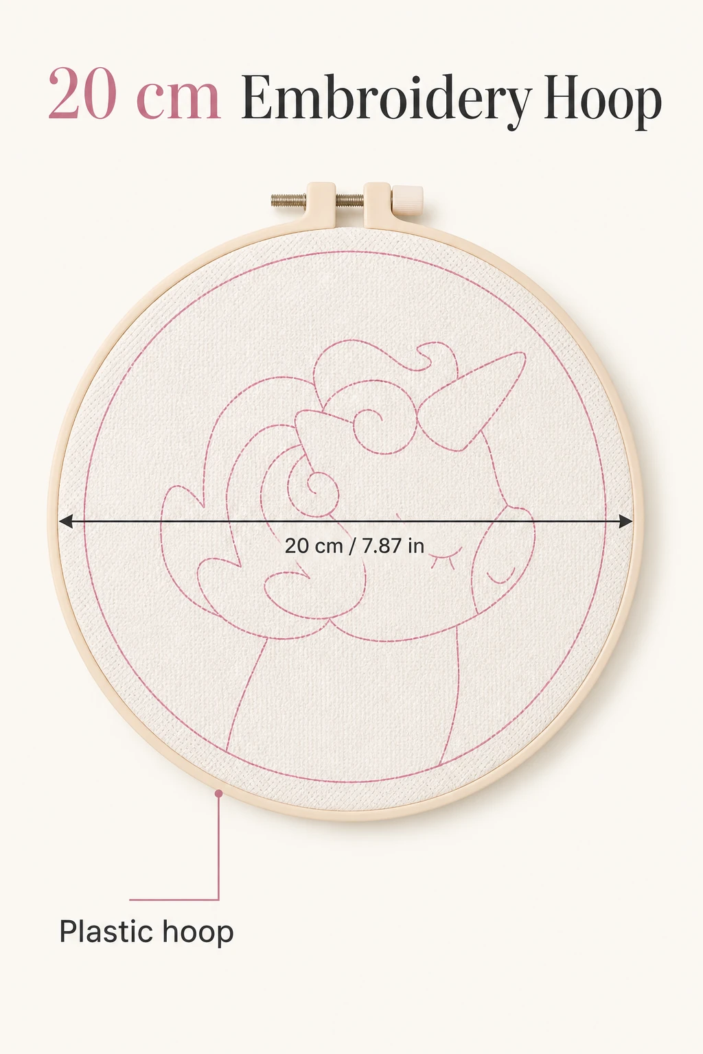 Plastic embroidery hoop with a 20 cm diameter measurement.