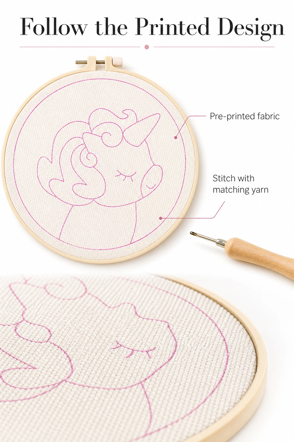 Detail of the printed unicorn motif on fabric before stitching.