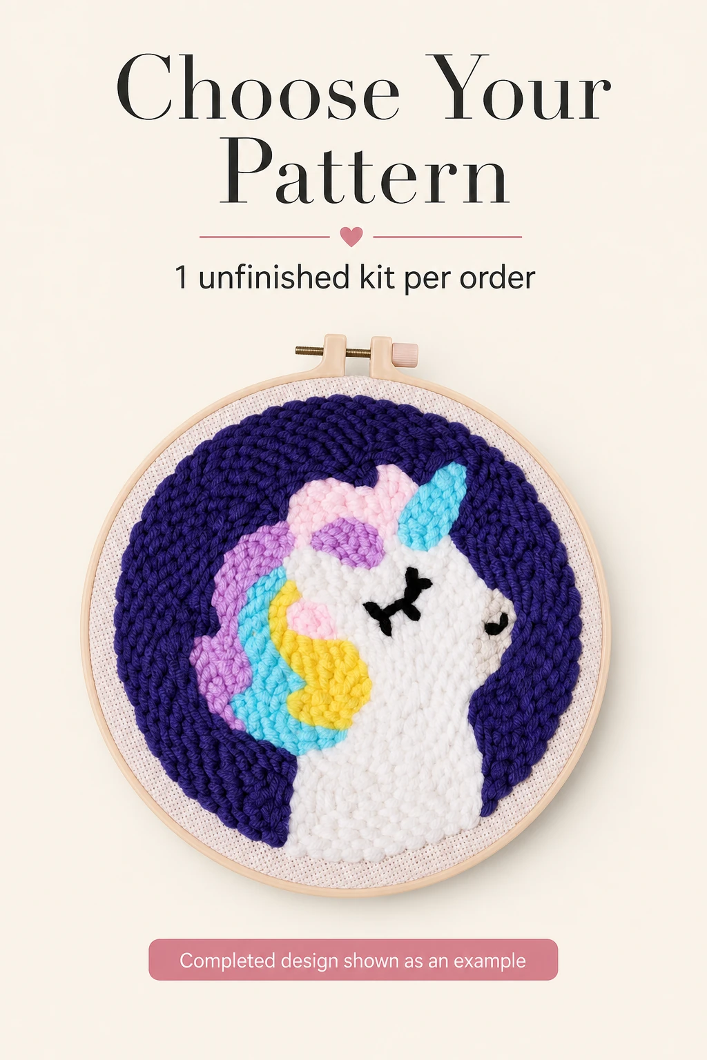 One unfinished kit per order in the selected numbered pattern; completed embroidery is shown as a design example.