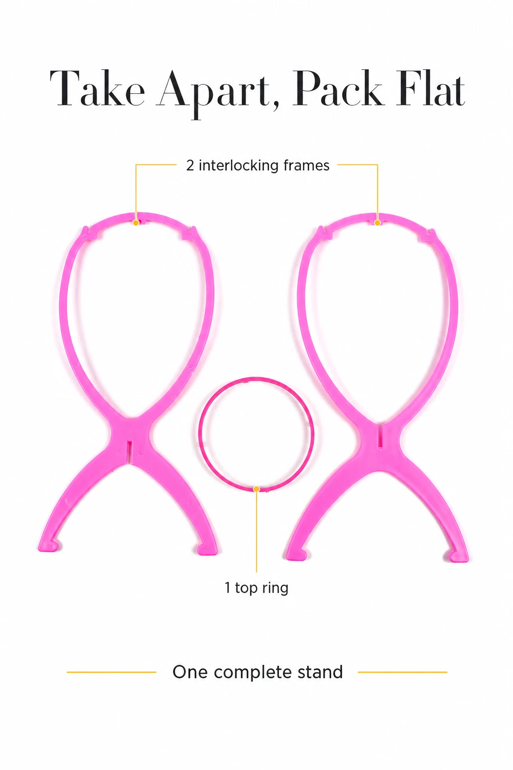 Soporte rosa para pelucas desmontado en dos marcos y un aro superior