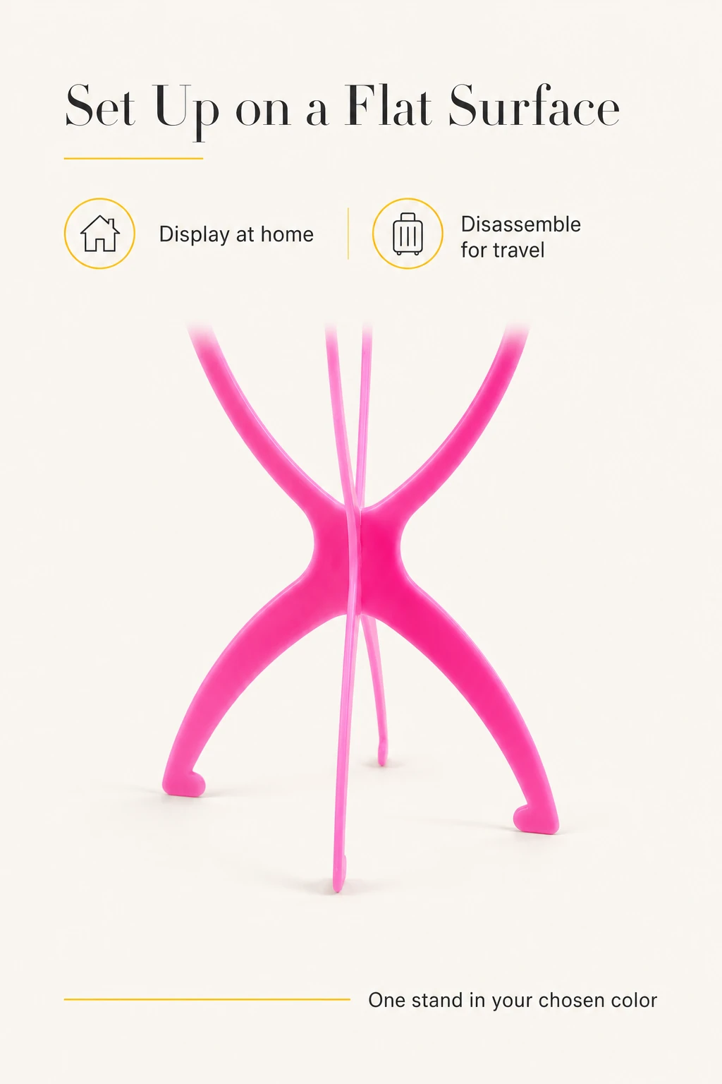 Parte inferior y patas del soporte rosa con indicaciones sobre superficie plana, exposición en casa y desmontaje para viajar