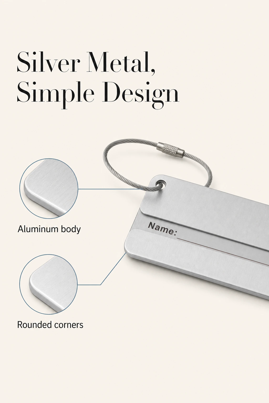 Rounded corner and brushed aluminum face of the luggage tag