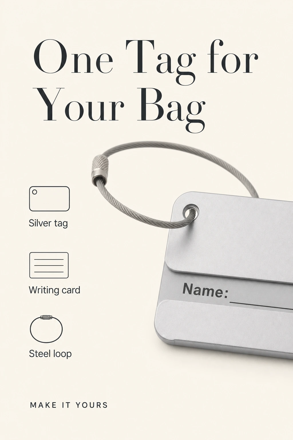 Single silver tag with writing card and steel loop included