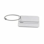 Silver luggage tag with rounded corners, a narrow name window and a cable loop