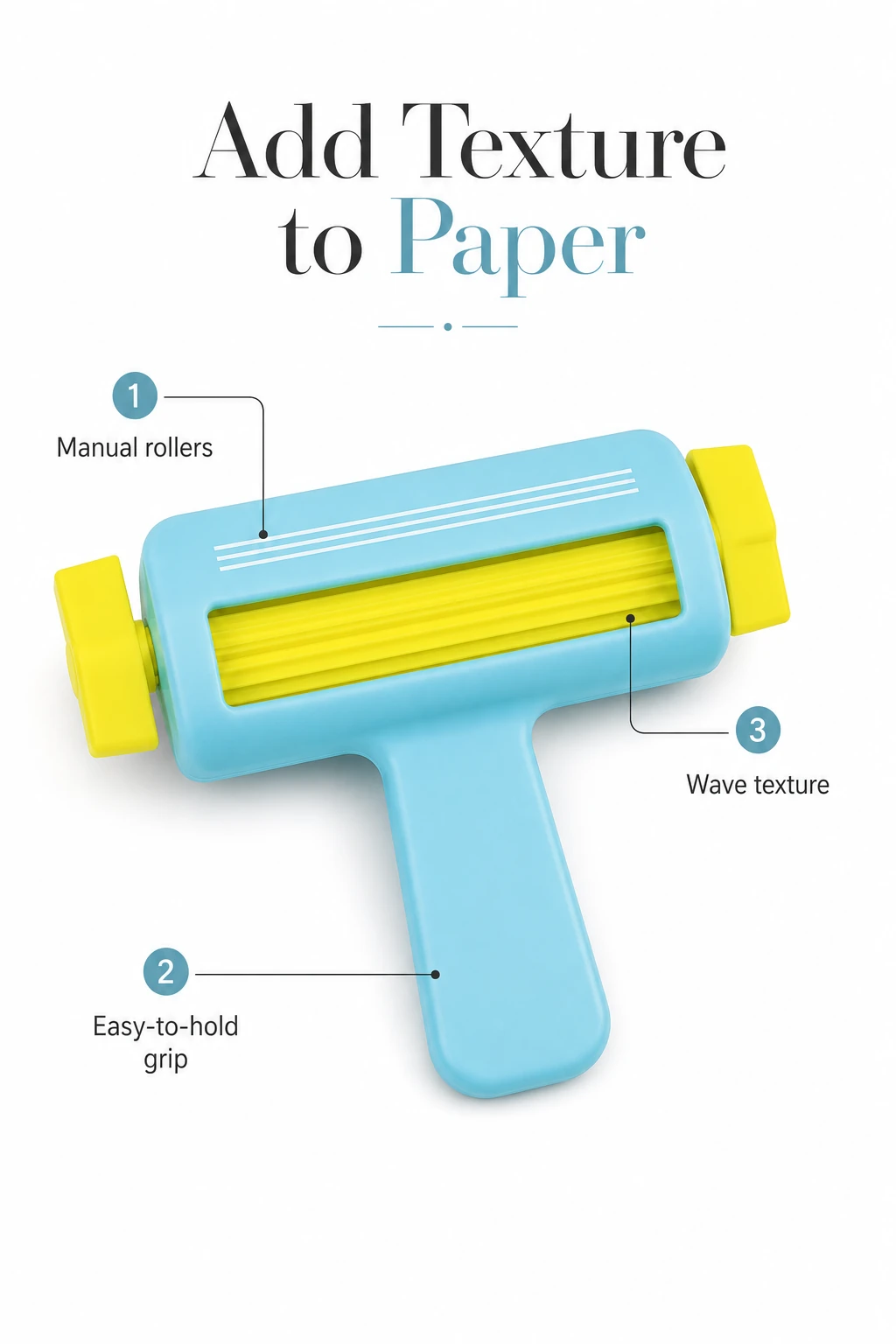 Blue crimper with labels for its hand-turned rollers, grip and paper texture