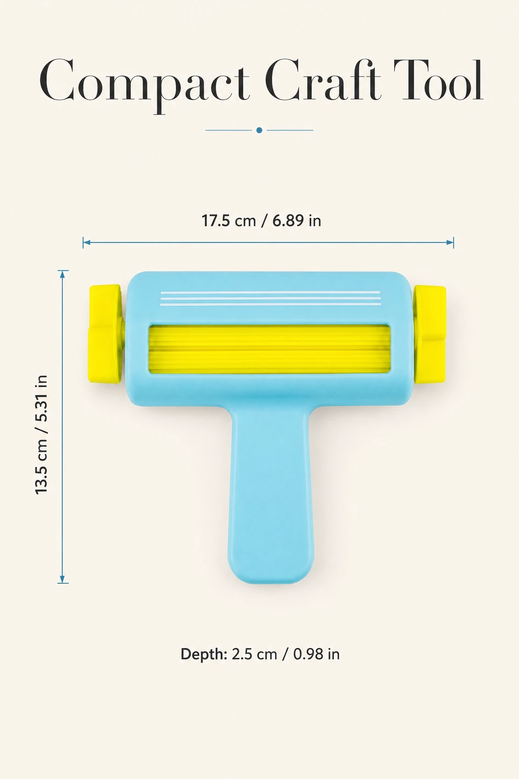 Blue paper crimper with outer width, height and depth measurements