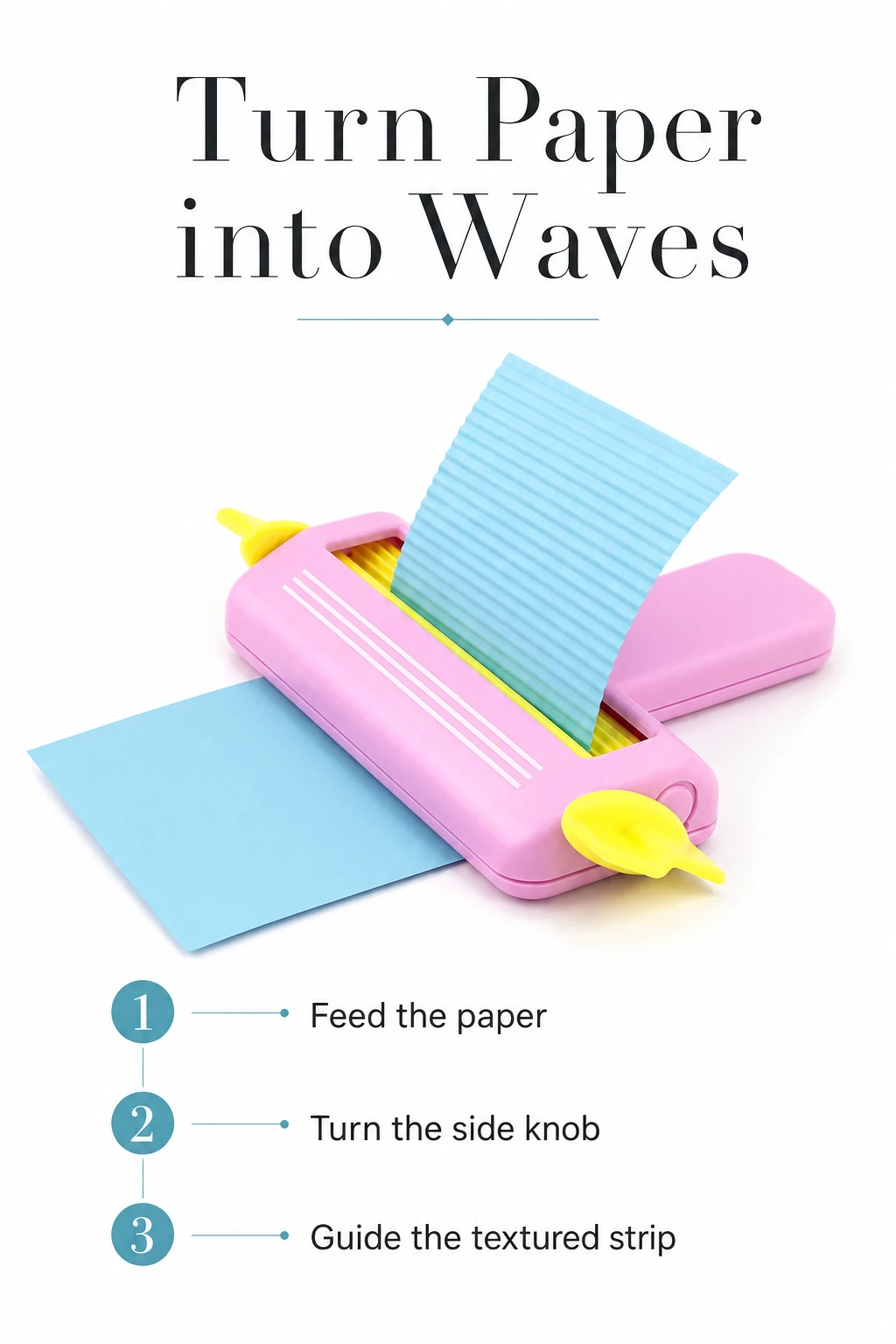 Pink crimper with a three-step guide for feeding and turning paper