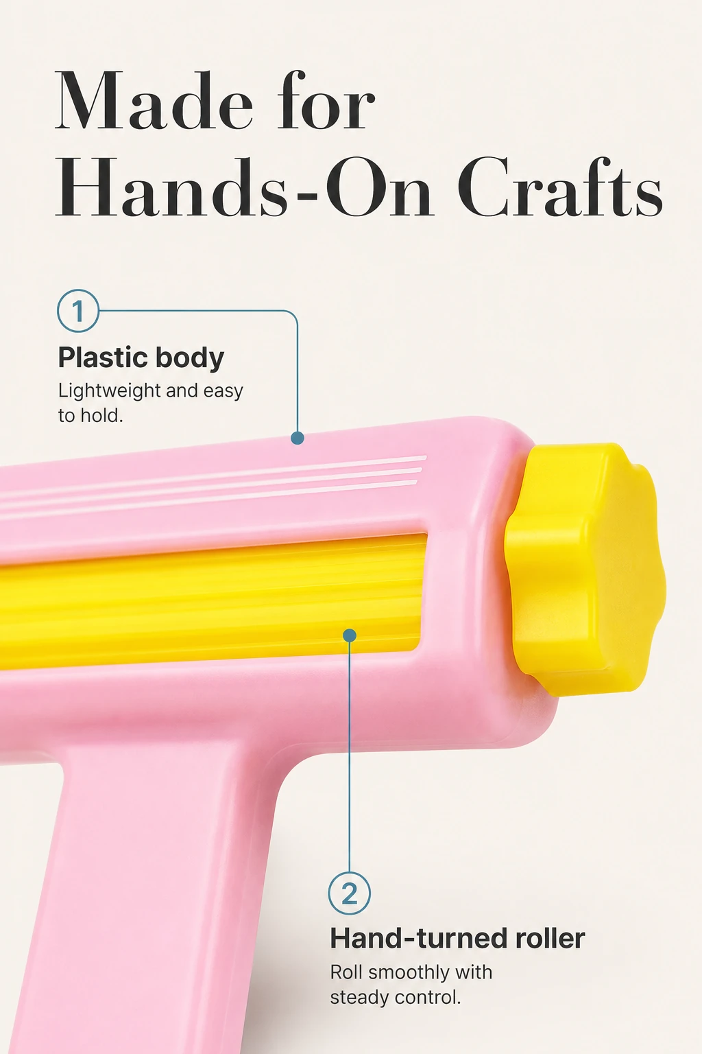 Close view of the pink housing, yellow knob and roller