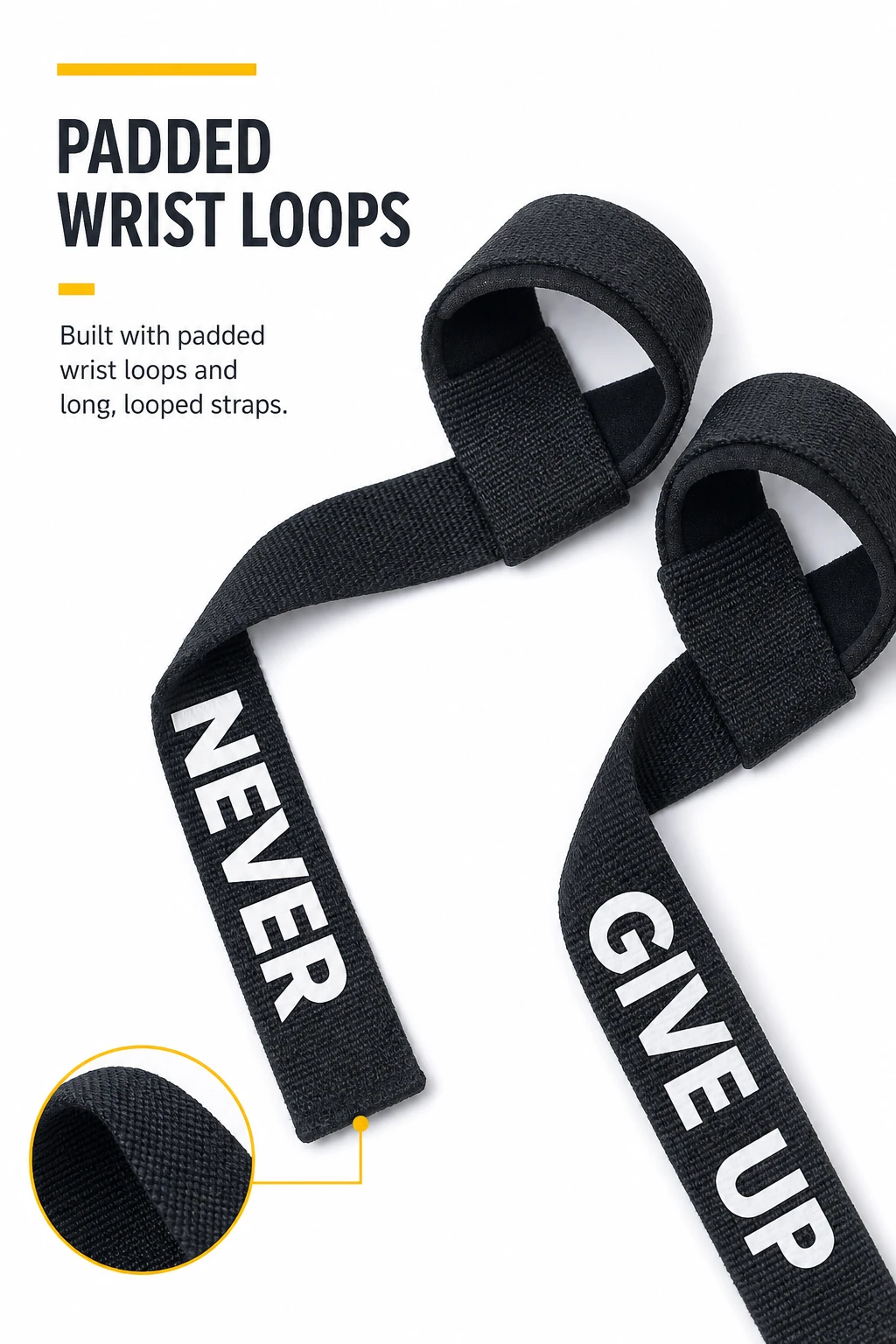 Close view of black padded wrist loops and woven strap tails