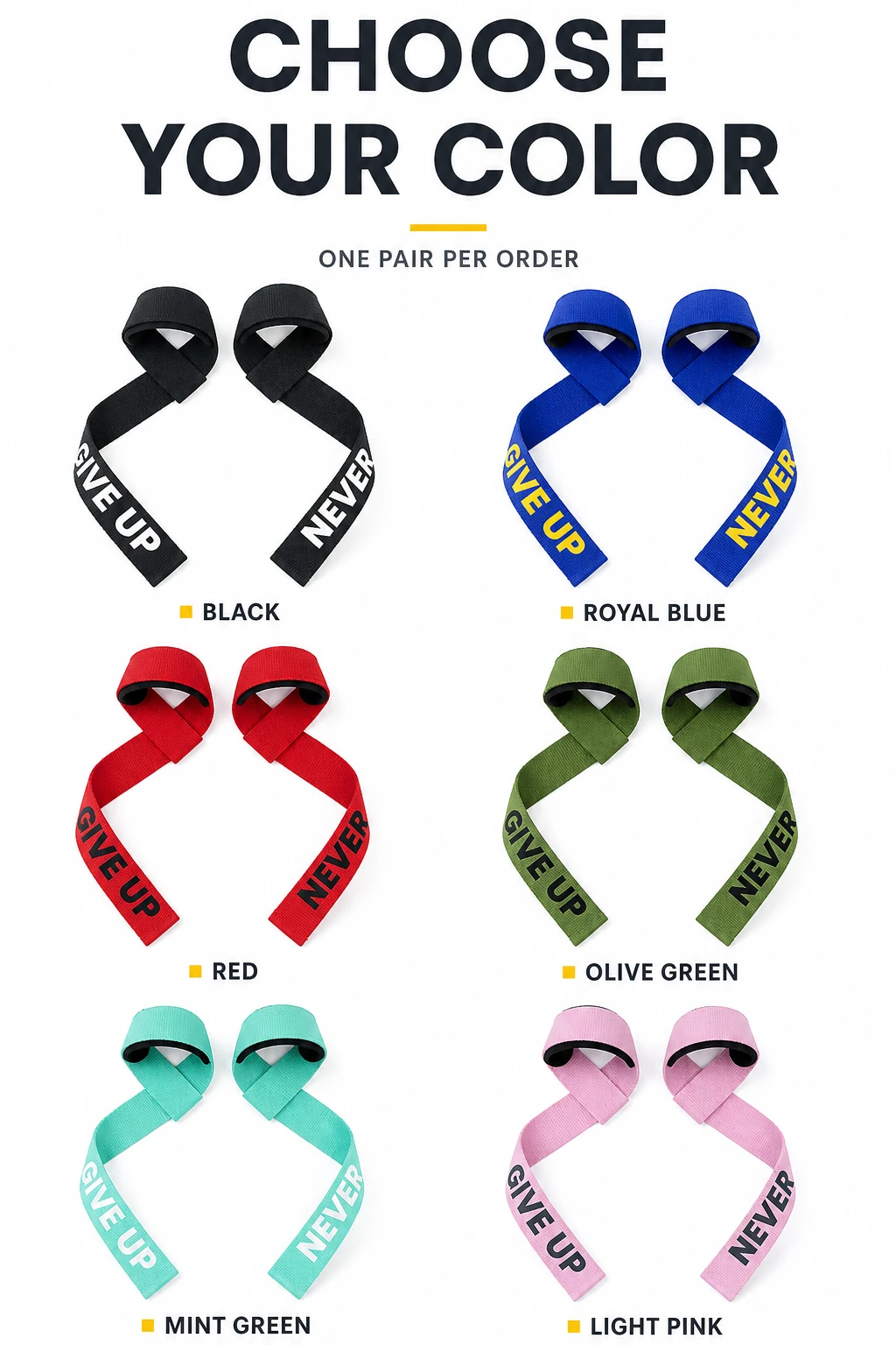 Six available lifting strap colors arranged as separate pairs