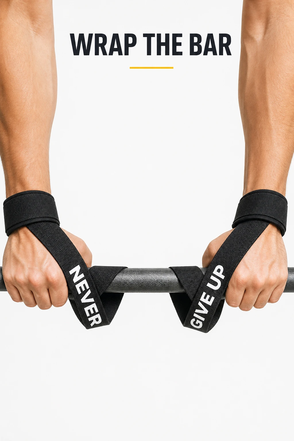 Black lifting straps worn around wrists and wrapped around a gym bar