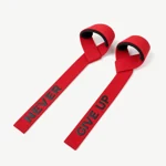 Red lifting strap pair laid flat with printed ends visible