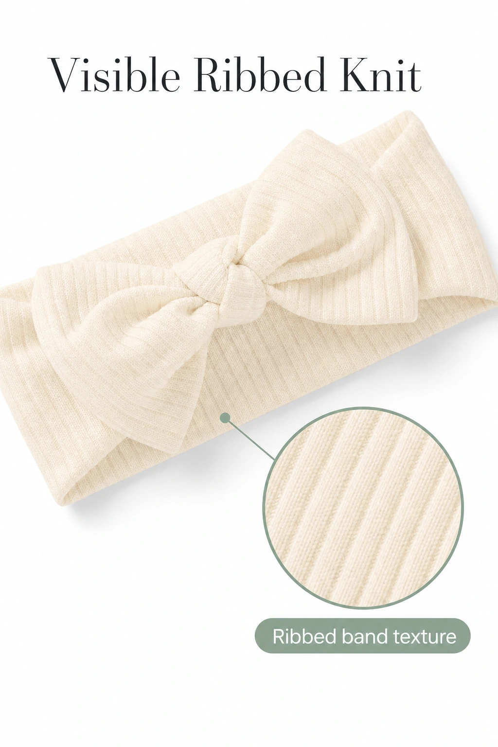 Diadema crema con lazo junto a ampliación circular de su textura acanalada
