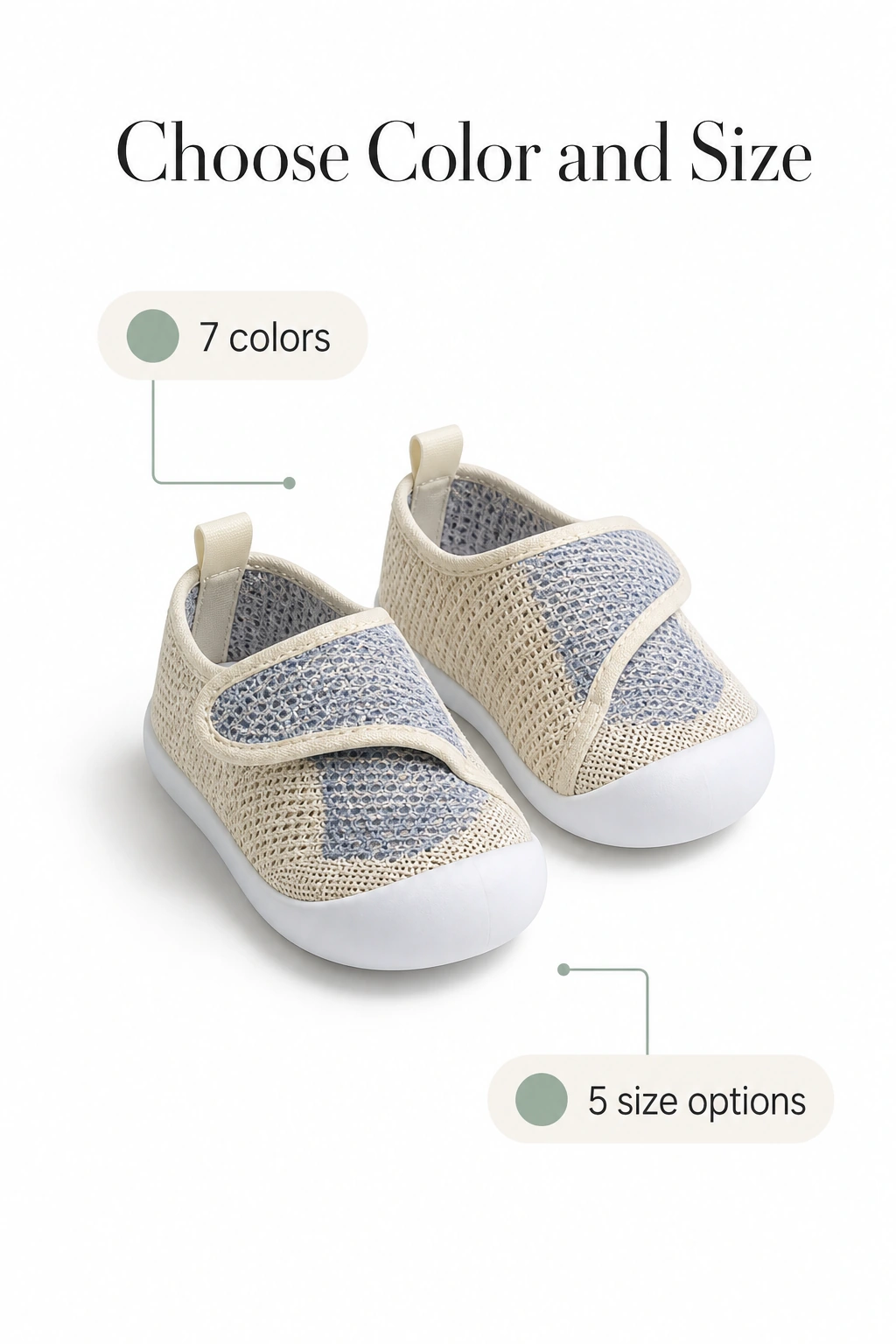 Par con ribetes beige junto a etiquetas de siete colores y cinco tallas