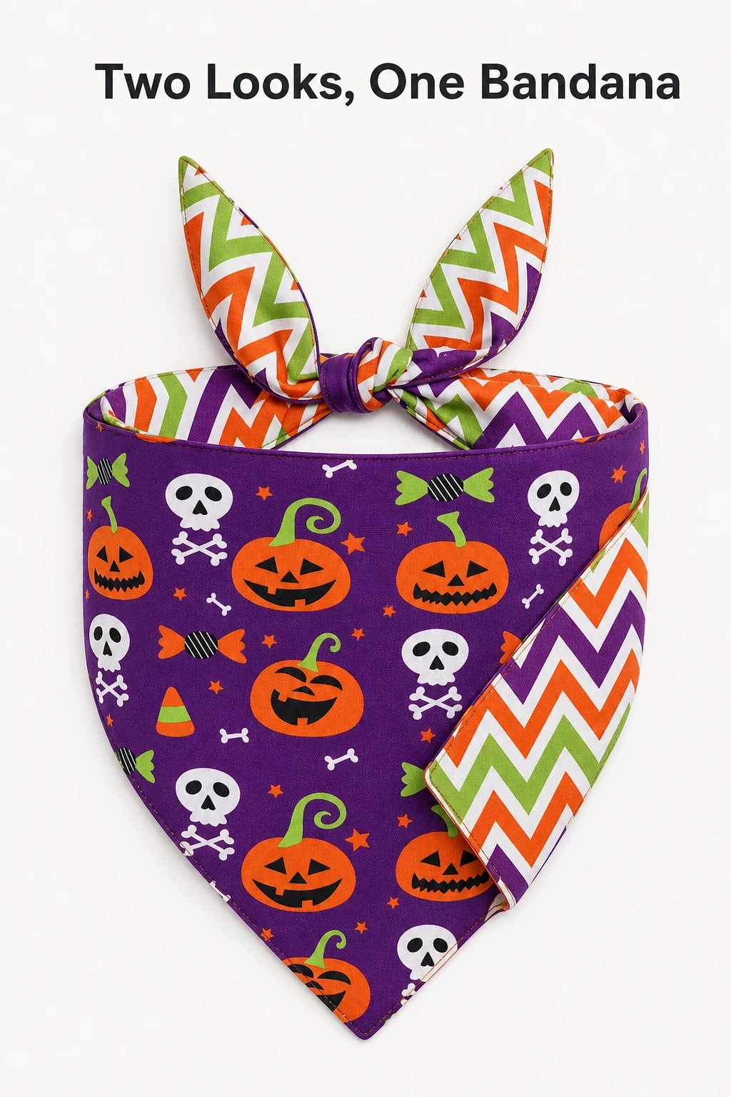 Cara morada con calabazas y reverso en zigzag de un pañuelo