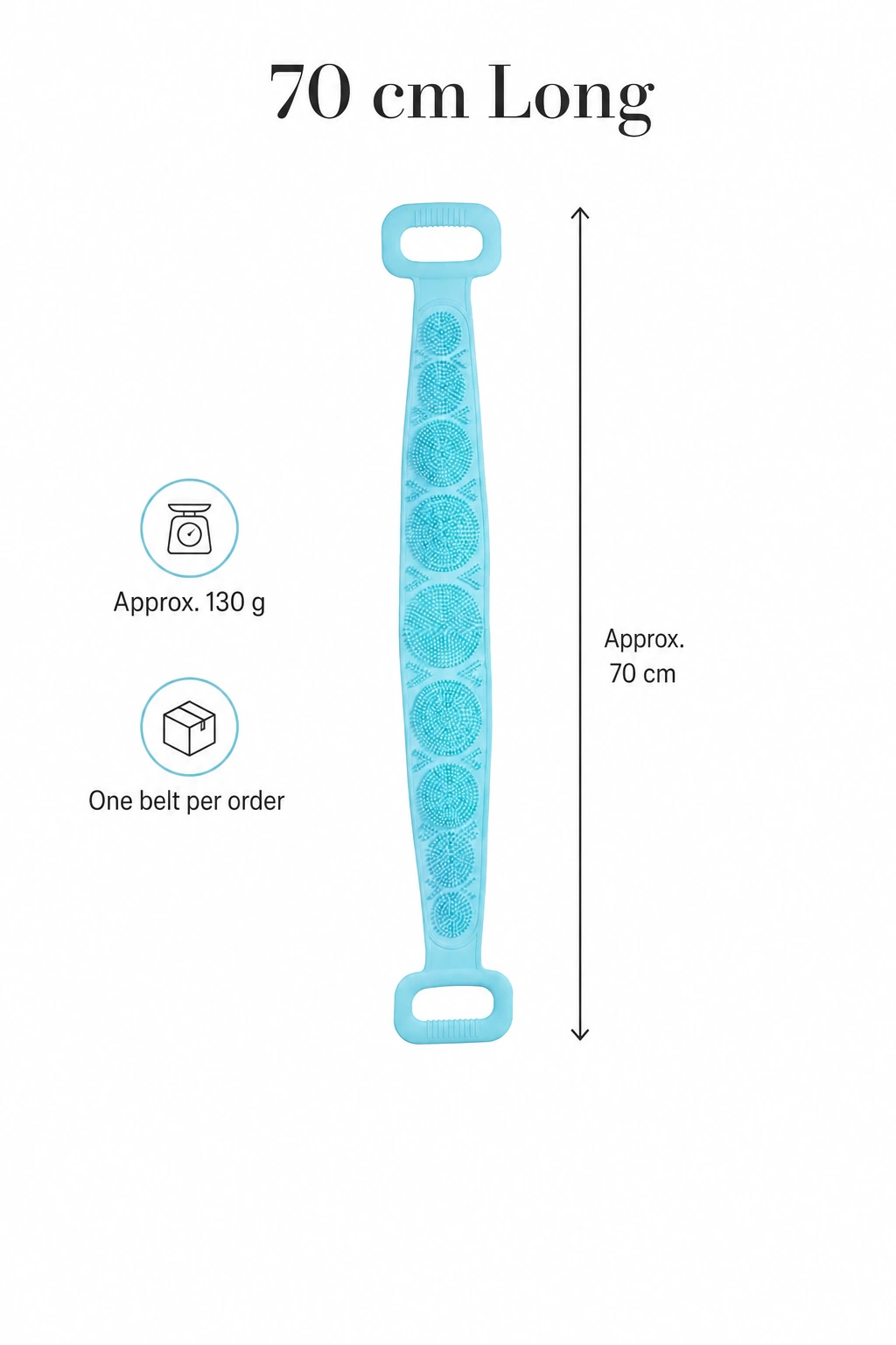 Gerades blaues Band mit Längenpfeil für ungefähr 70 cm; Beschriftungen nennen etwa 130 g und ein Band pro Bestellung.