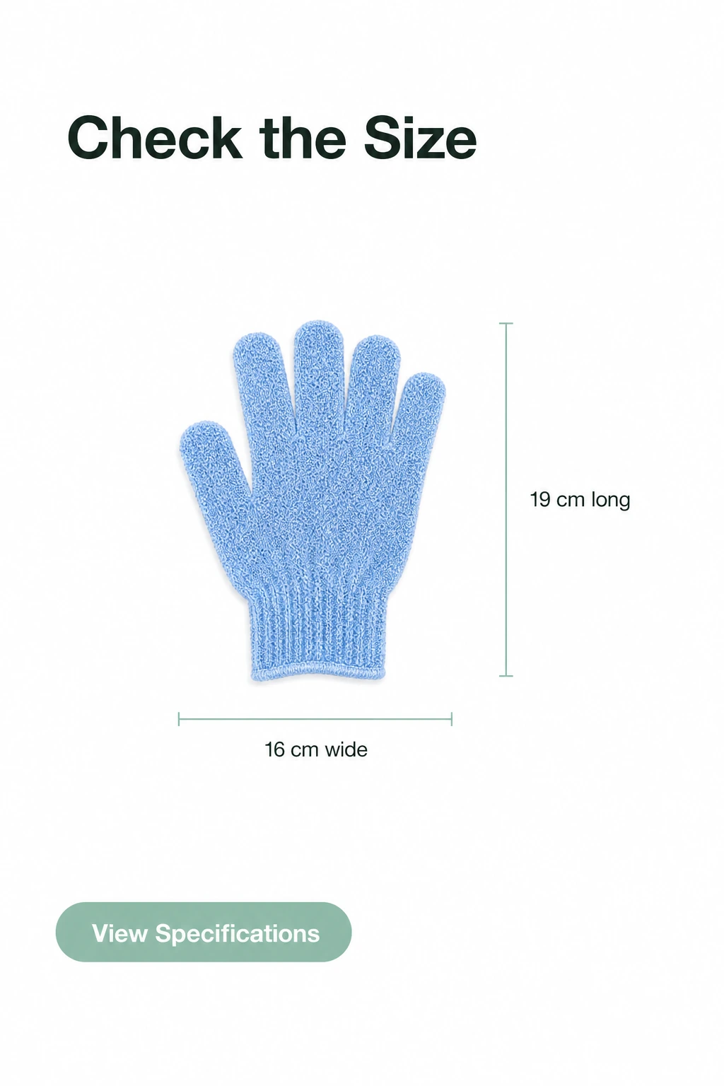 Bath glove diagram showing 19 cm length and 16 cm width