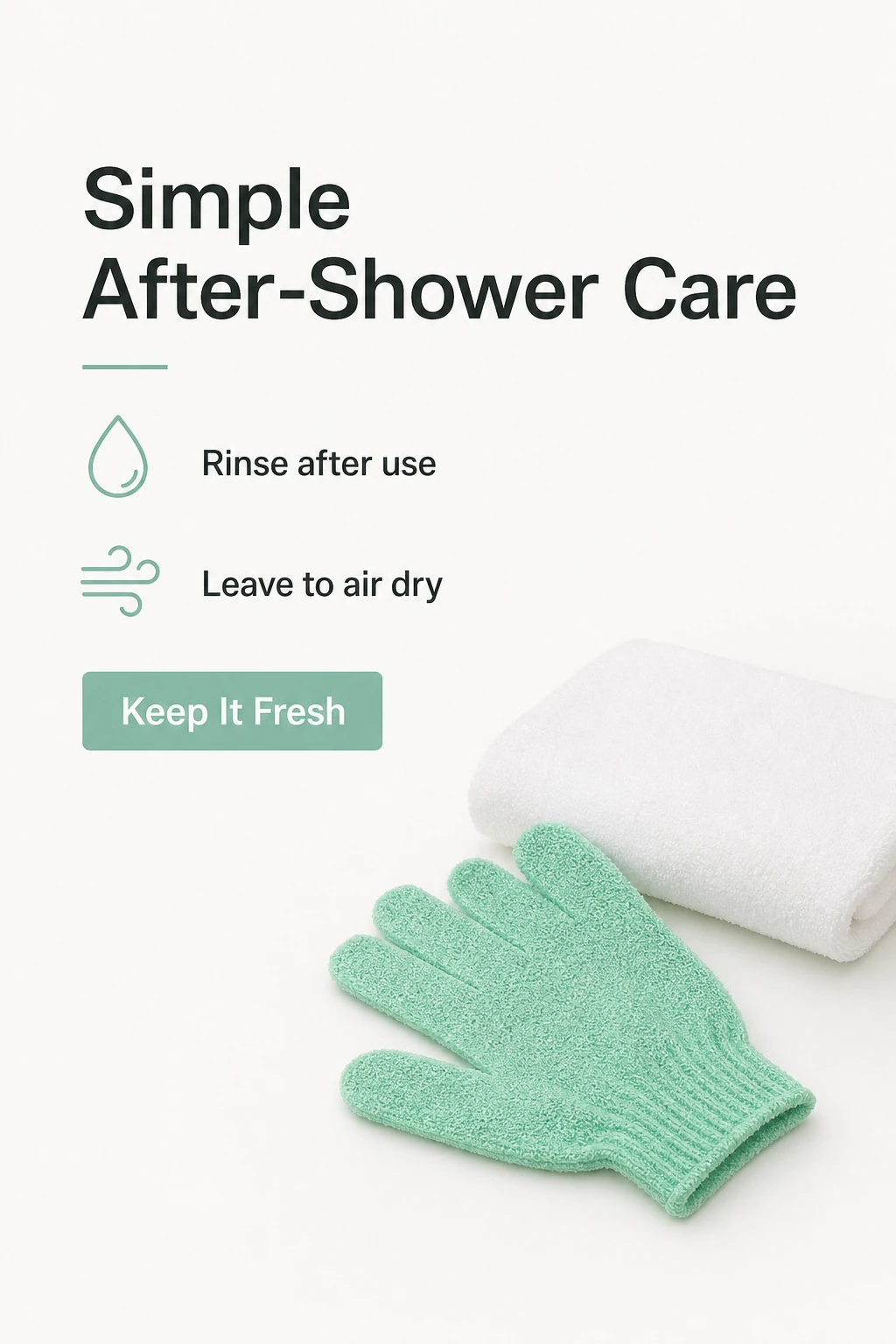 Nylon bath glove with rinse and air-dry care instructions
