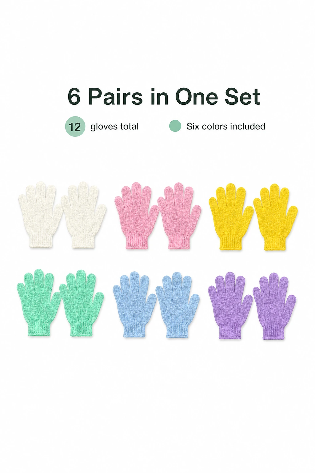 Nylon bath glove set showing six pairs and twelve gloves in total
