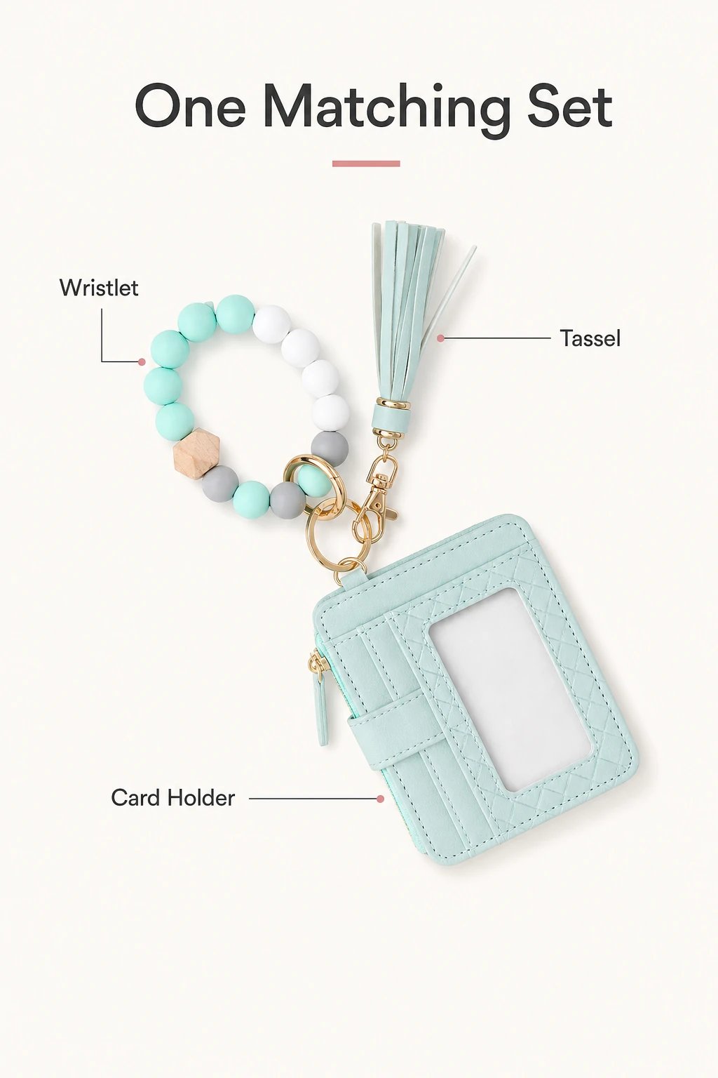 Mint wristlet set with separate labels for card holder, loop and tassel