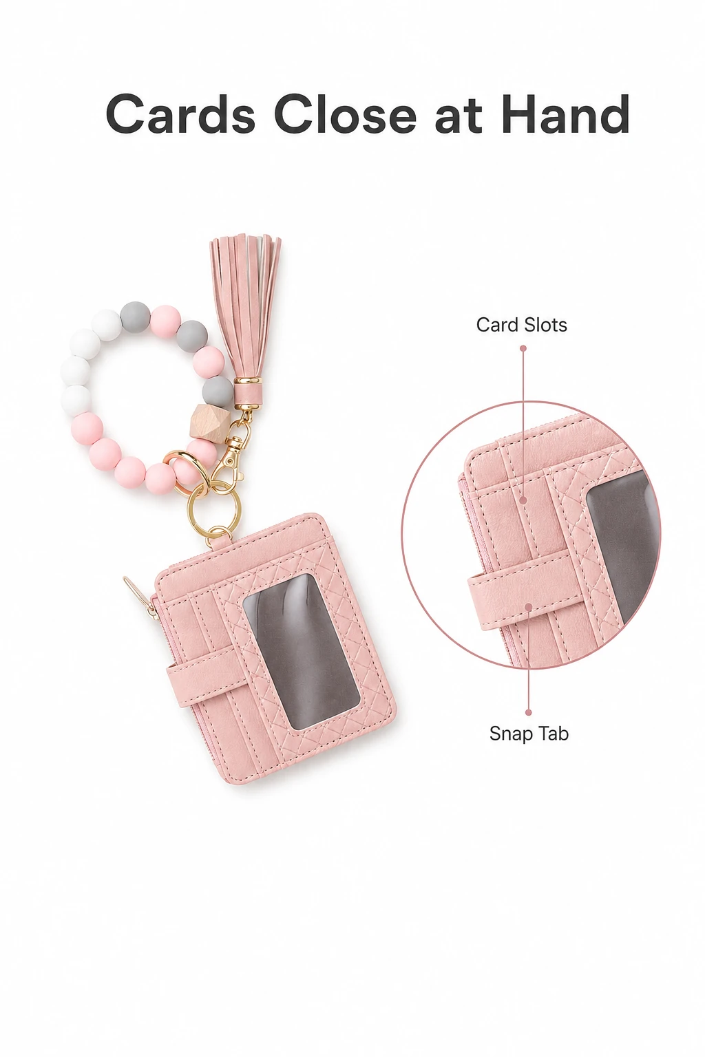 Pink wristlet card holder with a close-up of its slots and snap tab