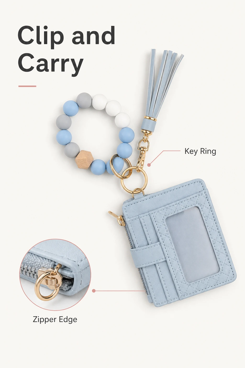Blue wristlet set with callouts for key ring and zipper edge